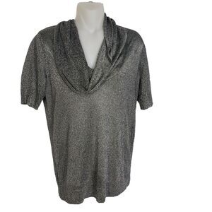 Ann Taylor Petite Womens Top Size MP Silver Black Short Sleeve Cowl Neck Ribbed